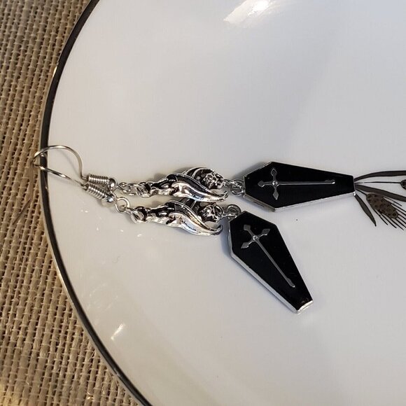 Midnight Black Vampire Coffin Hanging Bat Silver Cross Goth Enamel Earrings - Picture 8 of 8